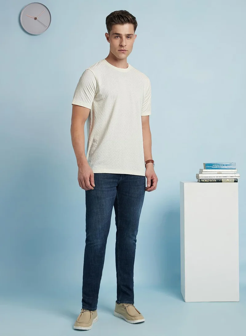 Dennis Lingo Men's Off White Cotton Blend Solid Regular Fit T-Shirt
