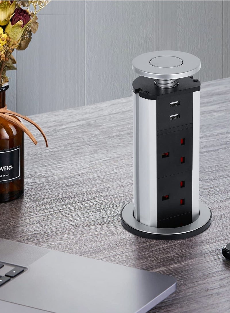 مقبس كهربائي منبثق، مقبس كهربائي قابل للسحب مع 3 مقابس بريطانية ومنفذي شاحن USB للمنزل والمكتب والمطبخ وأسطح العمل وسطح المكتب، هيكل من سبائك الألومنيوم، سلك بطول 1.8 متر  - Image 1