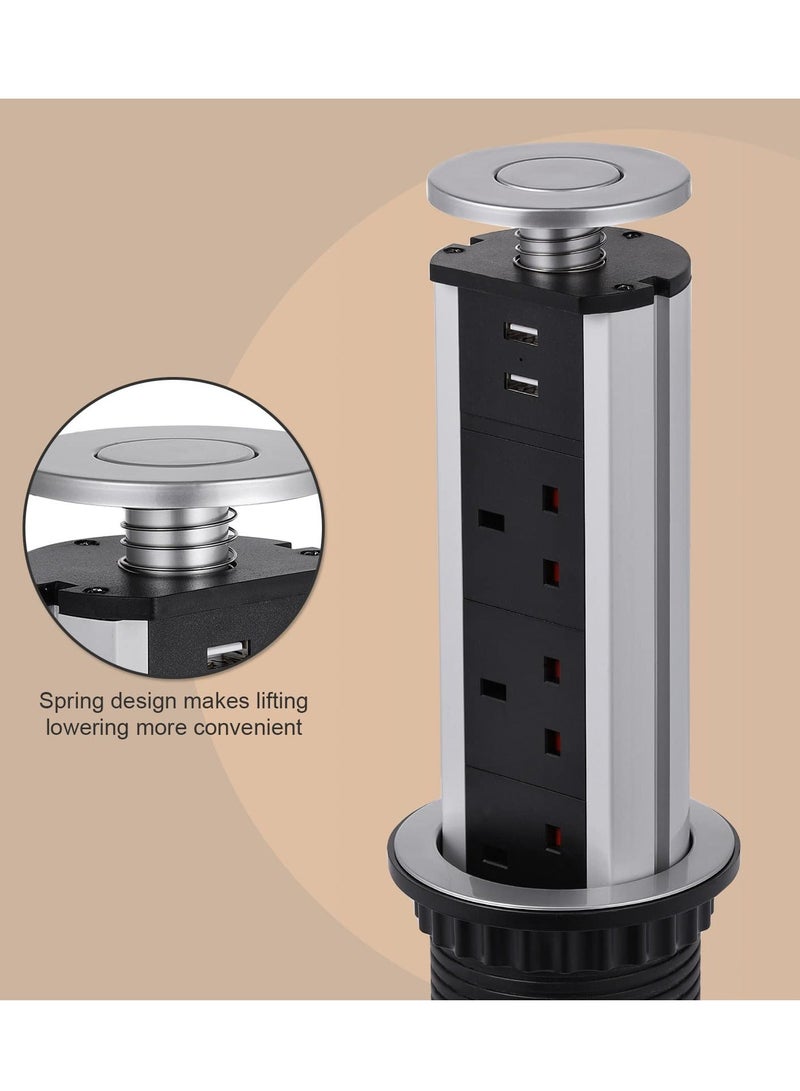 مقبس كهربائي منبثق، مقبس كهربائي قابل للسحب مع 3 مقابس بريطانية ومنفذي شاحن USB للمنزل والمكتب والمطبخ وأسطح العمل وسطح المكتب، هيكل من سبائك الألومنيوم، سلك بطول 1.8 متر  - Image 5