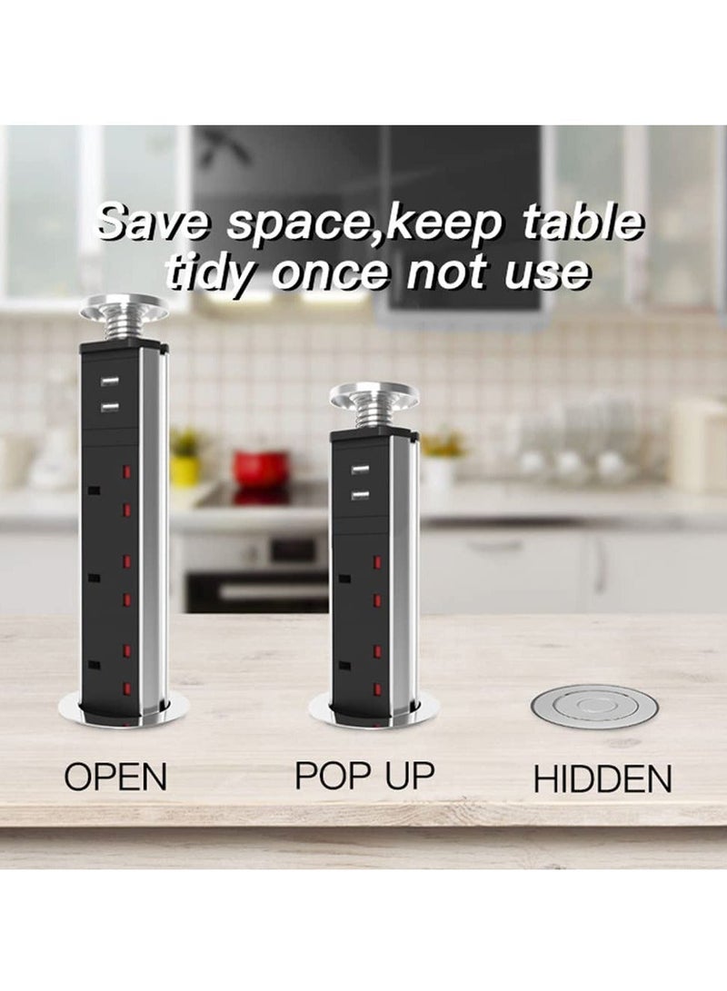 مقبس كهربائي منبثق، مقبس كهربائي قابل للسحب مع 3 مقابس بريطانية ومنفذي شاحن USB للمنزل والمكتب والمطبخ وأسطح العمل وسطح المكتب، هيكل من سبائك الألومنيوم، سلك بطول 1.8 متر  - Image 2