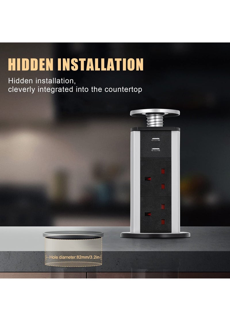 مقبس كهربائي منبثق، مقبس كهربائي قابل للسحب مع 3 مقابس بريطانية ومنفذي شاحن USB للمنزل والمكتب والمطبخ وأسطح العمل وسطح المكتب، هيكل من سبائك الألومنيوم، سلك بطول 1.8 متر - Image 5