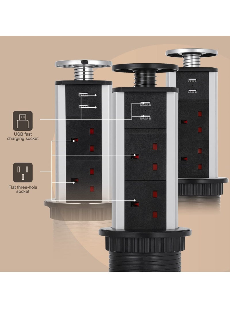 مقبس كهربائي منبثق، مقبس كهربائي قابل للسحب مع 3 مقابس بريطانية ومنفذي شاحن USB للمنزل والمكتب والمطبخ وأسطح العمل وسطح المكتب، هيكل من سبائك الألومنيوم، سلك بطول 1.8 متر - Image 4