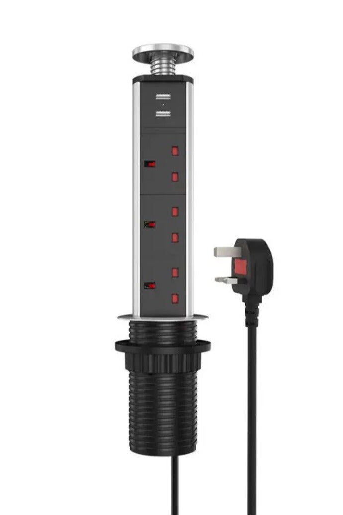 مقبس كهربائي منبثق، مقبس كهربائي قابل للسحب مع 3 مقابس بريطانية ومنفذي شاحن USB للمنزل والمكتب والمطبخ وأسطح العمل وسطح المكتب، هيكل من سبائك الألومنيوم، سلك بطول 1.8 متر - Image 2