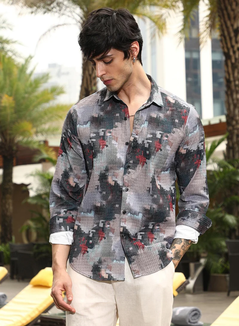 Campus Sutra Men's Charcoal Grey & Venetian Red Artistic-Blur Shirt