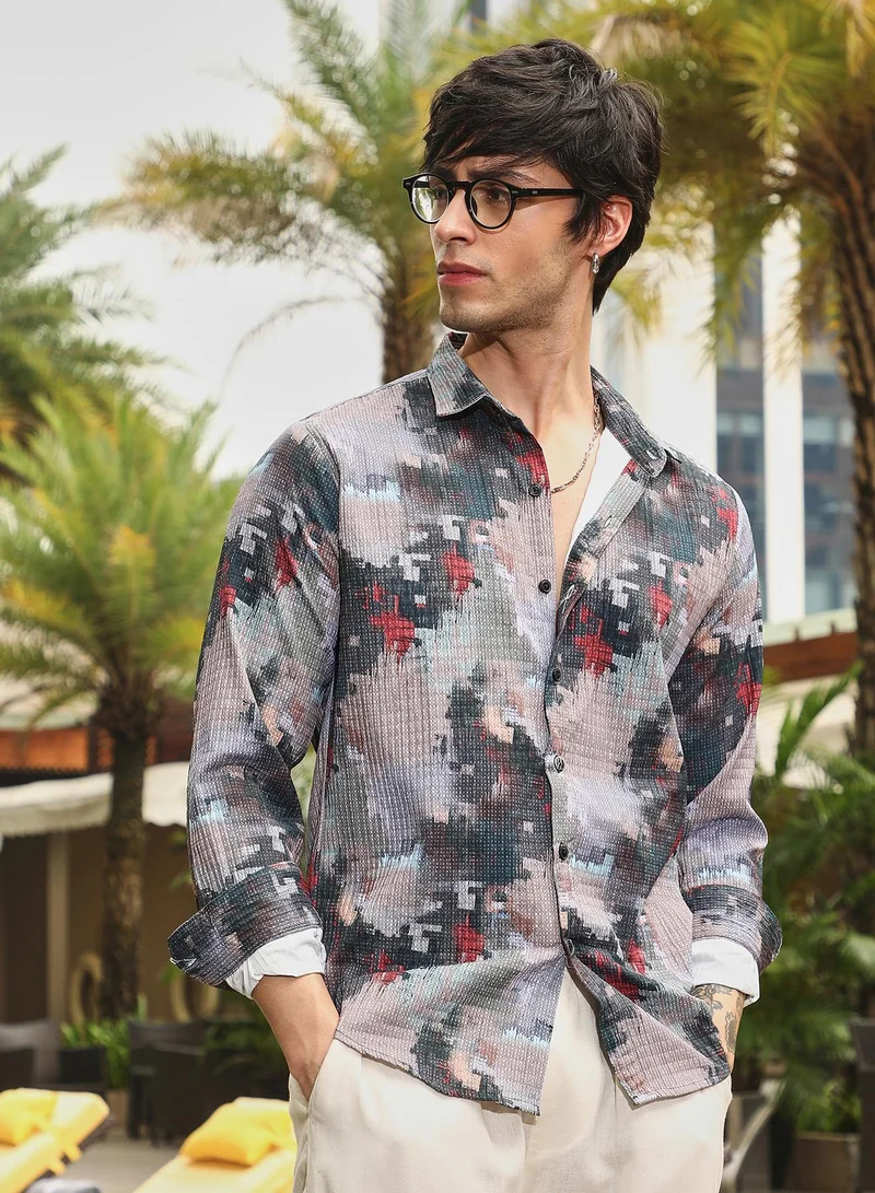 Campus Sutra Men's Charcoal Grey & Venetian Red Artistic-Blur Shirt