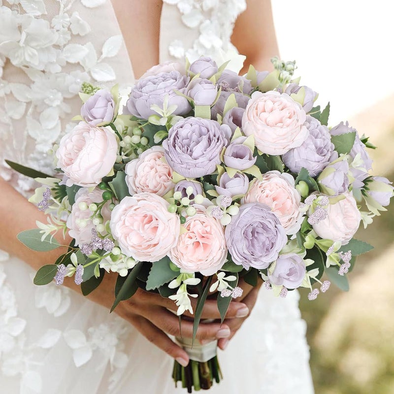 SOMYTING Peony Artificial Flowers, Faux Peony Bouquet 4 Bundles Silk Peonies Bouquets Fake Peonies Artificial Flowers Peonies Bouquet for Wedding Party Centerpiece Table Home Decor (Pink Purple) - Image 4