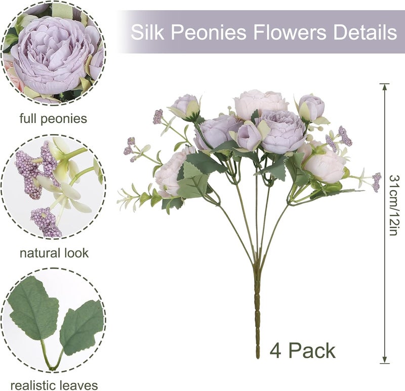 SOMYTING Peony Artificial Flowers, Faux Peony Bouquet 4 Bundles Silk Peonies Bouquets Fake Peonies Artificial Flowers Peonies Bouquet for Wedding Party Centerpiece Table Home Decor (Pink Purple) - Image 2