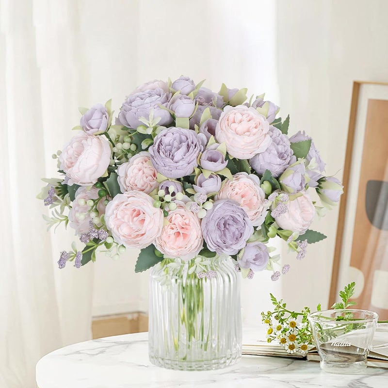 SOMYTING Peony Artificial Flowers, Faux Peony Bouquet 4 Bundles Silk Peonies Bouquets Fake Peonies Artificial Flowers Peonies Bouquet for Wedding Party Centerpiece Table Home Decor (Pink Purple) - Image 3