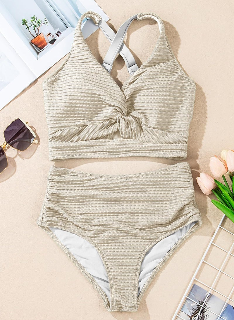 Herseas Women's Textured Bikini Sets High Waisted Full Coverage Knot Twist Top 2 Pieces Swimsuits 2026 Summer Sporty Beige V Neck Bathing Suits Curvy Ladies Swimwear XX-Large - Image 5