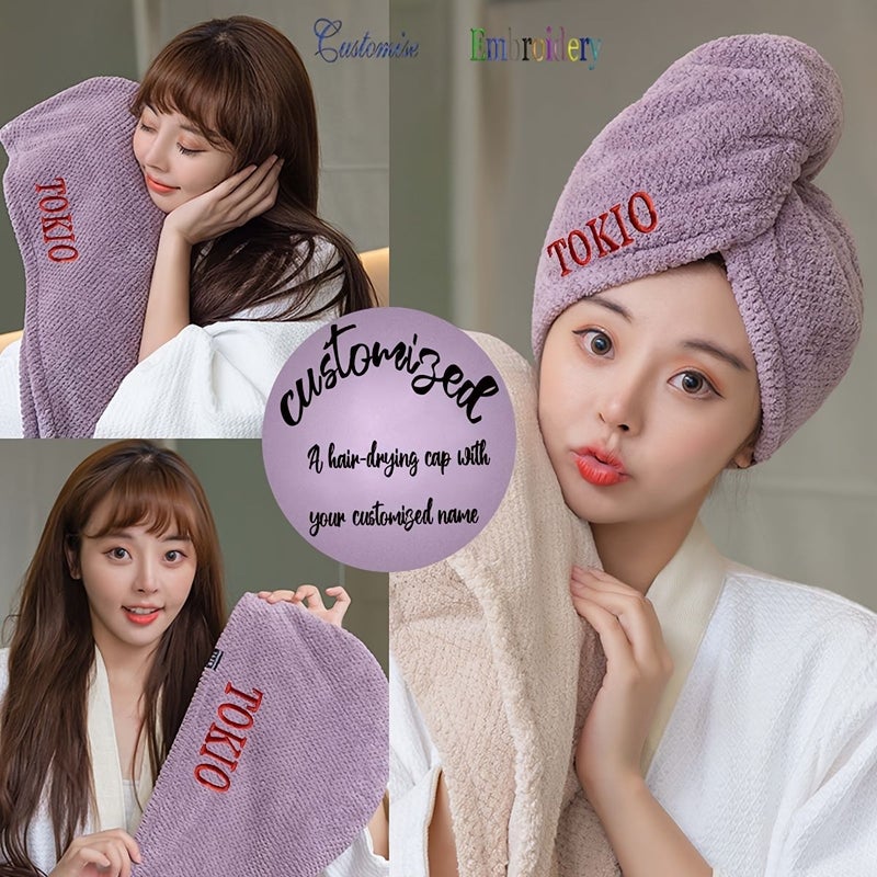 Personalized Custom Name Hair Drying Cap Super Absorbent Quick Dry Thickened Head Wrap For Women Sauce Purple - Image 1