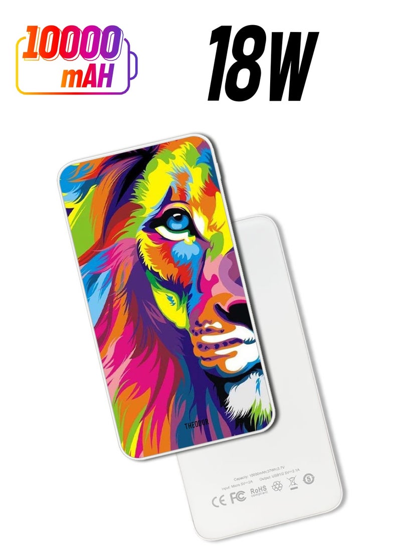Theodor 10,000 mAh Super Fast Charging Ultra Compact Power Bank with Quick Charge & Power Delivery, Portable Charger For iPhone and Android Half Lion Art - Image 1
