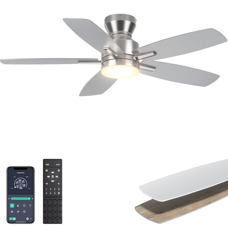 Ohniyou Ceiling Fans with Lights, 42'' Low Profile Ceiling Fan with Light and Remote/APP Control, Modern Flush Mount Ceiling Fan for Indoor Bedroom Kitchen, Dimmable, Qiuet DC Motor, Silver - Image 1