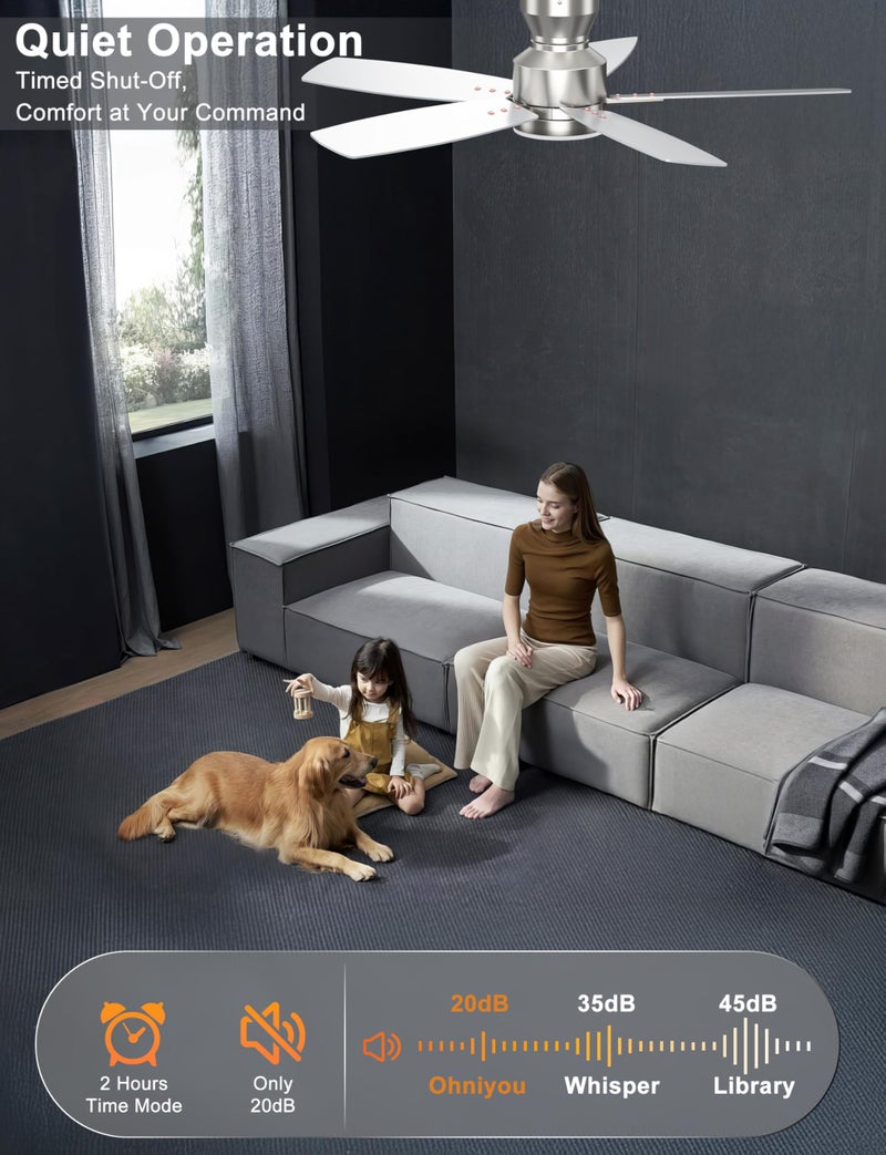 Ohniyou Ceiling Fans with Lights, 42'' Low Profile Ceiling Fan with Light and Remote/APP Control, Modern Flush Mount Ceiling Fan for Indoor Bedroom Kitchen, Dimmable, Qiuet DC Motor, Silver - Image 5