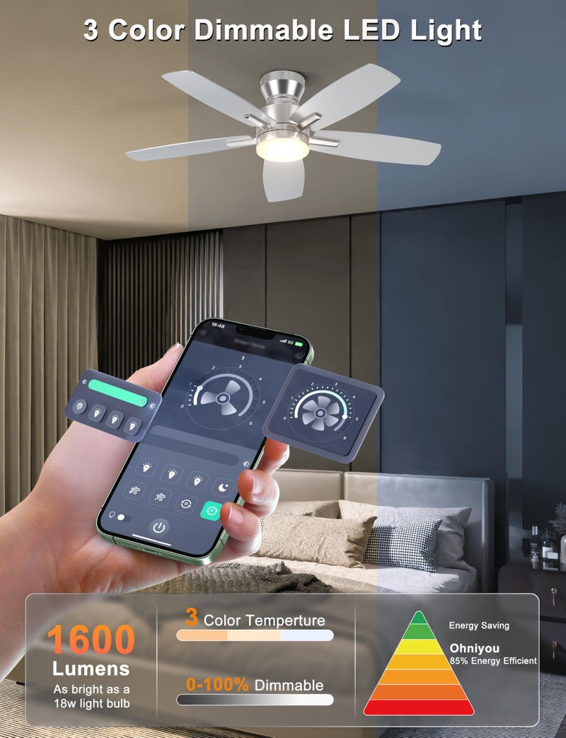 Ohniyou Ceiling Fans with Lights, 42'' Low Profile Ceiling Fan with Light and Remote/APP Control, Modern Flush Mount Ceiling Fan for Indoor Bedroom Kitchen, Dimmable, Qiuet DC Motor, Silver - Image 4