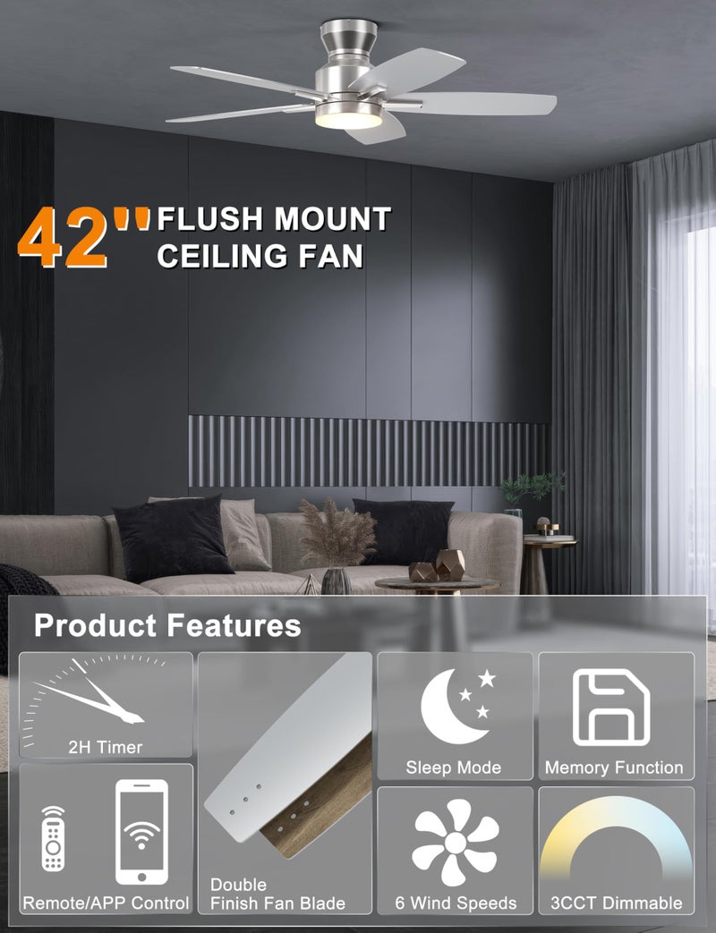 Ohniyou Ceiling Fans with Lights, 42'' Low Profile Ceiling Fan with Light and Remote/APP Control, Modern Flush Mount Ceiling Fan for Indoor Bedroom Kitchen, Dimmable, Qiuet DC Motor, Silver - Image 3
