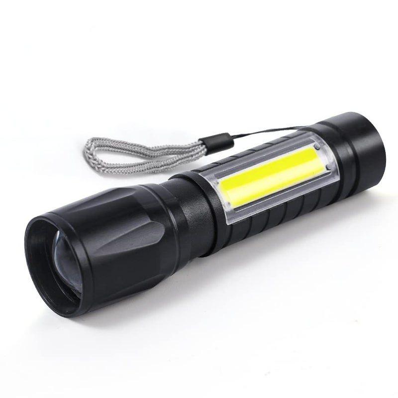 GLUN Compact Rechargeable LED Torch Light with COB Light Function Waterproof Metal Housing Portable with USB Cable and Plastic Box