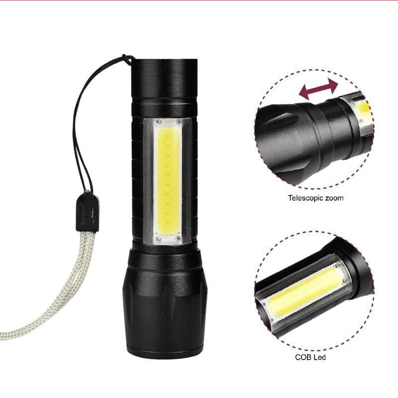 GLUN Compact Rechargeable LED Torch Light with COB Light Function Waterproof Metal Housing Portable with USB Cable and Plastic Box