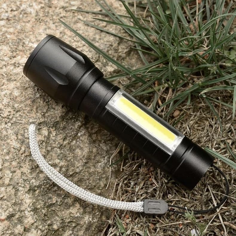 GLUN Compact Rechargeable LED Torch Light with COB Light Function Waterproof Metal Housing Portable with USB Cable and Plastic Box