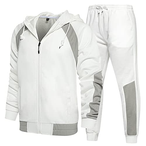 DUOFIER Men's Hooded Athletic Tracksuit Casual 2 Pieces Suits Hoodies and Sweatpants Set, White-XL - Image 1