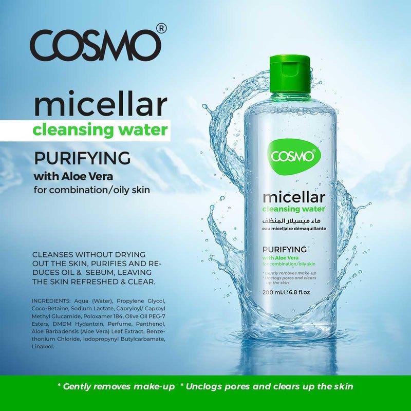 Cosmo Face Care Purifying Micellar Water 200ml with Aloe Vera - Oil Control Cleanser for Combination Skin - Image 2