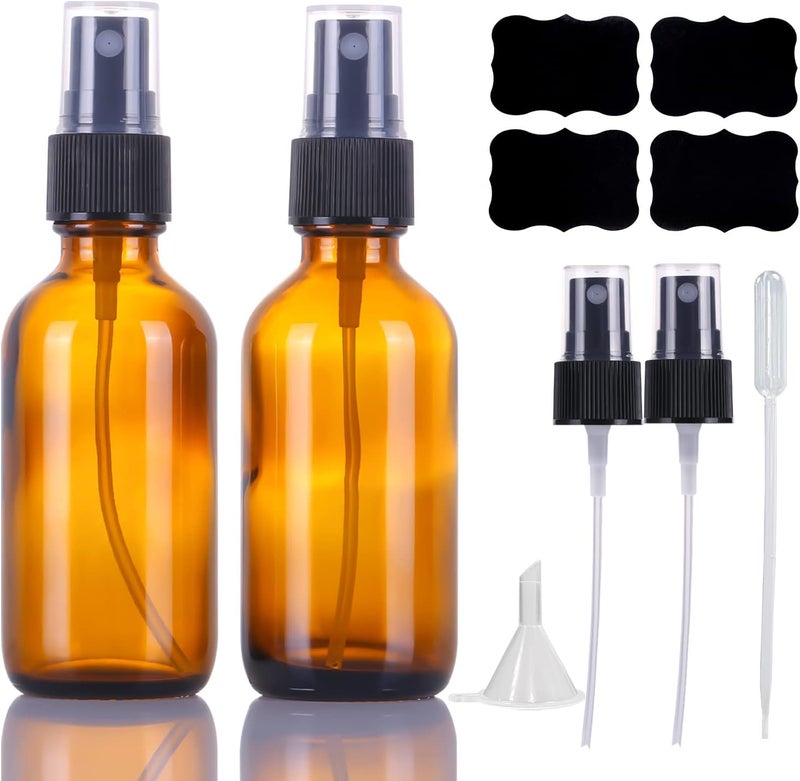 2oz Amber Glass Spray Bottles,Empty Small Perfume Travel Refillable Reusable Fine Mister Spray Bottle for Hair,Cleaning Solutions,Aromatherapy and Essential Oil with Extra Nozzle(2 Pack)