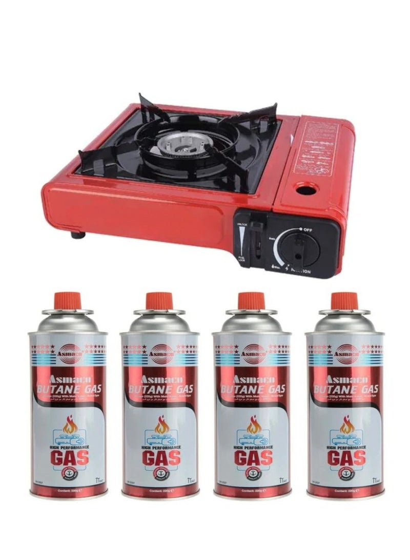 Asmaco Portable Camping Gas Stove Set with Butane Gas Cartridge 4 Piece Burner Without Bag