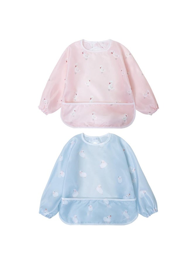 Little Dimsum Mess-Proof Baby Bibs|Infant Toddler Long Sleeve Waterproof Feeding Art Smock|Catching Food & Wipe Clean| Pack of 2 Colors Duck&sheep - Image 1