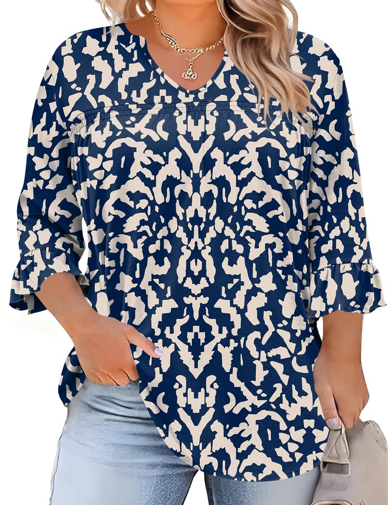 TFSDOD Plus Size Tops for Women Dressy Tops Ruffle Short Sleeve Blouses Pleated Tunics Ladies Tops to Hide Tummy Blue Floral - Image 1