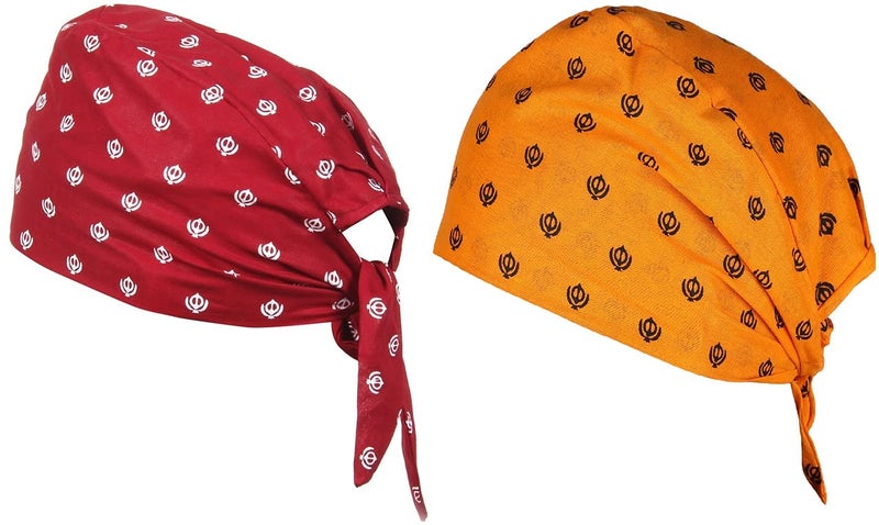 BISMAADH 2 Piece Khanda Printed 100% Cotton Adjustable Patka, Bandana, Skull Cap for Men & Women. - Image 1