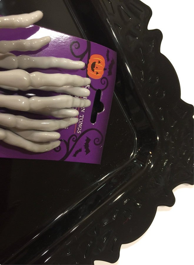 Greenbrier Halloween Bundle of 3 Items Including 2 Halloween Serving Trays with Spooky Bat Border and One Set of Skeleton Tongs - Image 2