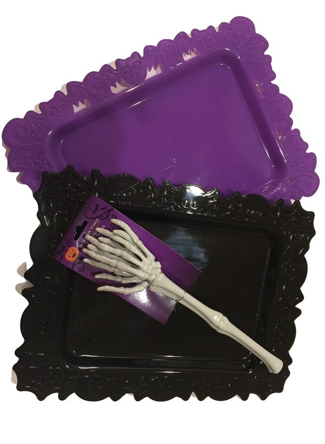 Greenbrier Halloween Bundle of 3 Items Including 2 Halloween Serving Trays with Spooky Bat Border and One Set of Skeleton Tongs - Image 1