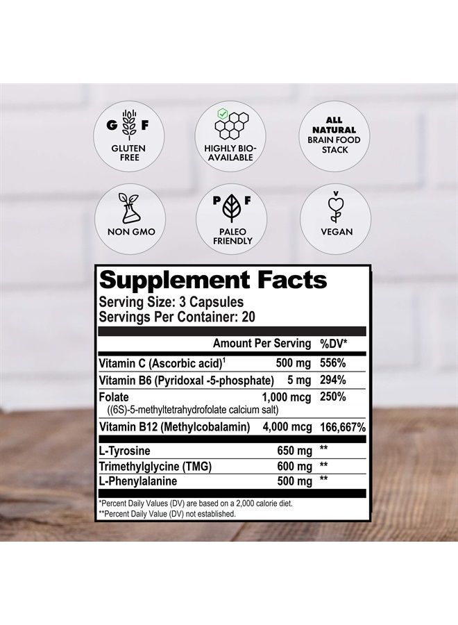 Natural Stacks مكمل دوپامين للتركيز ومكمل الذاكرة للدماغ مع L-Tyrosine - يعزز الدافع العقلي والوضوح والتركيز - مكملات دوپامين الطبيعية ودعم المزاج، 60 كبسولة نباتية - Image 5