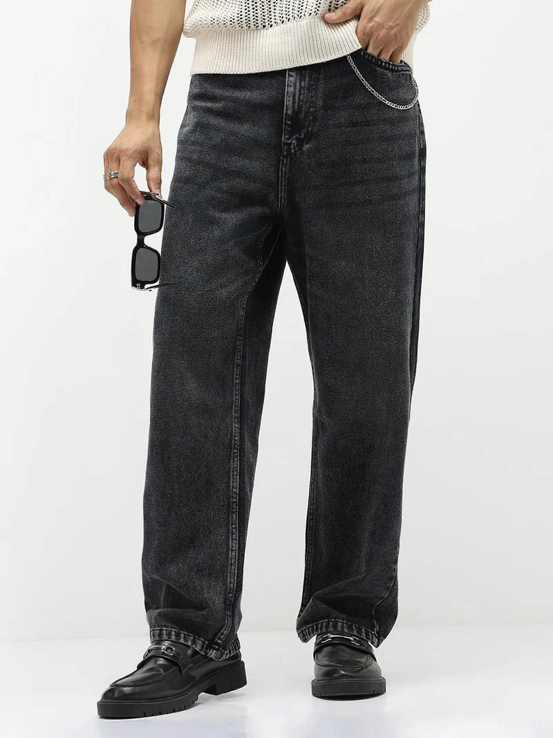 Urbano Fashion Men's Black Loose Baggy Fit Heavy Washed Jeans Non-Stretchable