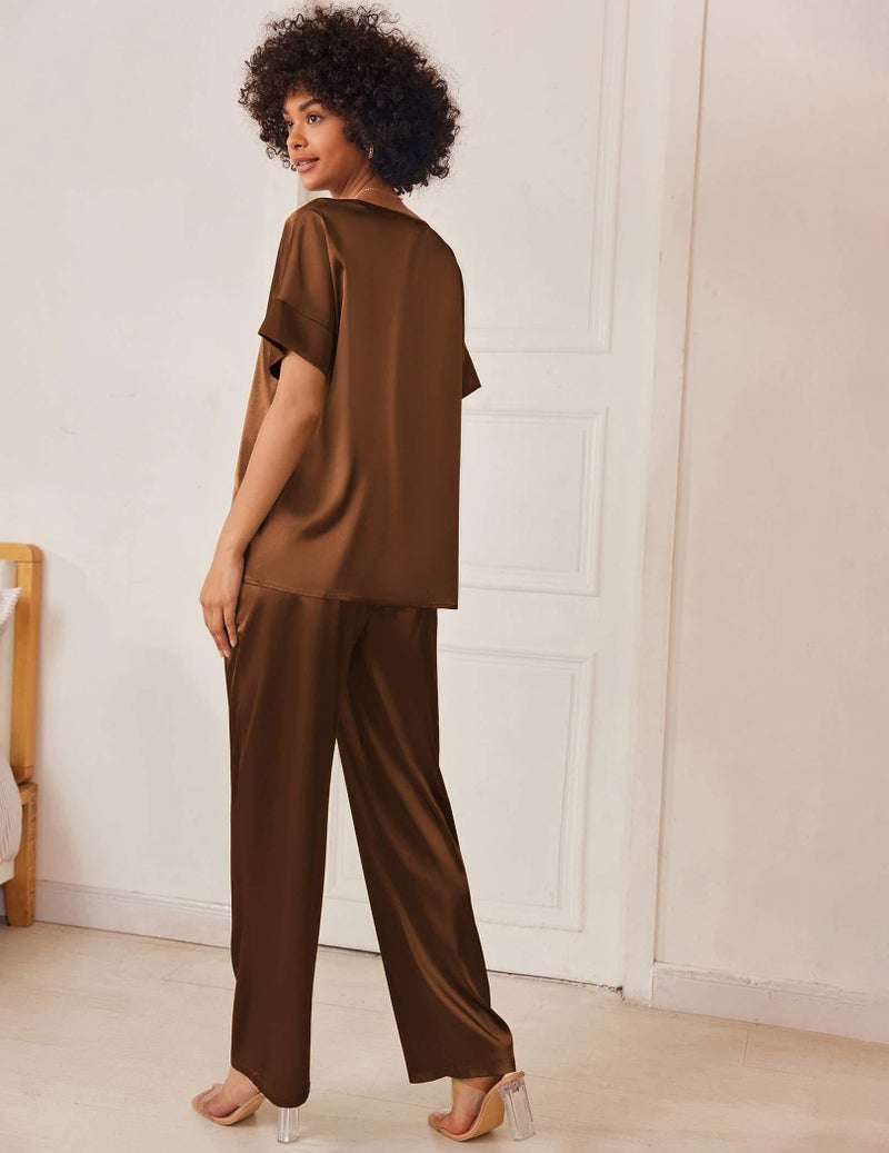 Ekouaer Satin Pajama Set Womens Silk Short Sleeve V Neck Shirt with Long Pant Soft Loungewear Pjs Set Brown - Image 4