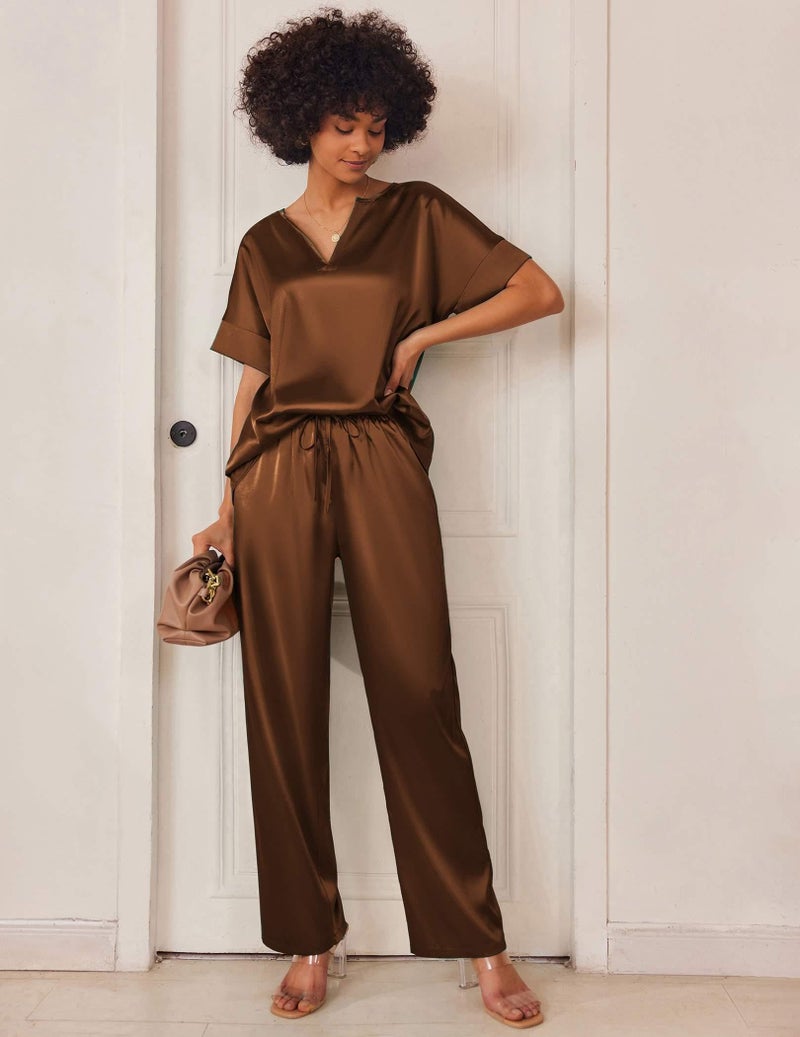 Ekouaer Satin Pajama Set Womens Silk Short Sleeve V Neck Shirt with Long Pant Soft Loungewear Pjs Set Brown - Image 3