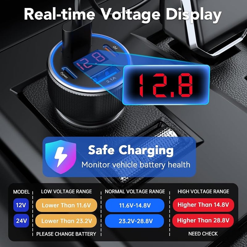 USB Car Charger, 2 Pack Cigarette Lighter USB Charger Aluminum Alloy Fast Charging Car Charger Adapter with Voltage Display Type C Car Accessories for iPhone 17 16 Samsung Galaxy Google iPad Android - Image 3