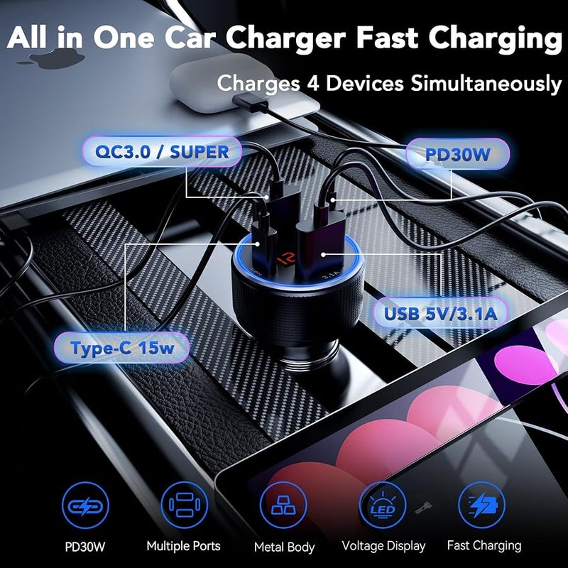 USB Car Charger, 2 Pack Cigarette Lighter USB Charger Aluminum Alloy Fast Charging Car Charger Adapter with Voltage Display Type C Car Accessories for iPhone 17 16 Samsung Galaxy Google iPad Android - Image 2