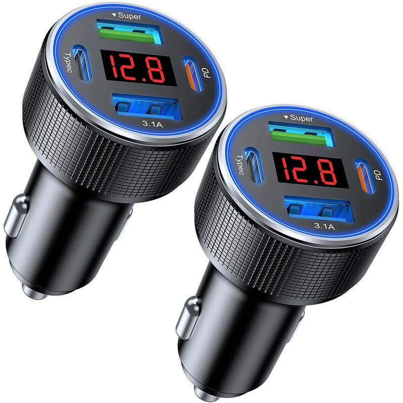 USB Car Charger, 2 Pack Cigarette Lighter USB Charger Aluminum Alloy Fast Charging Car Charger Adapter with Voltage Display Type C Car Accessories for iPhone 17 16 Samsung Galaxy Google iPad Android - Image 1