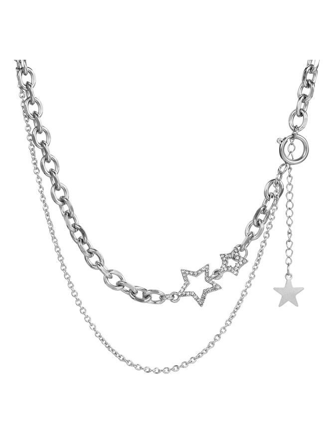 EXPHAIN Double Layered Stacked Chunky Chain Choker Necklace For Women Teens Girls Y2k Star Statement Necklaces Silver Punk Asymmetric Diamond Necklace Jewelry - Image 1