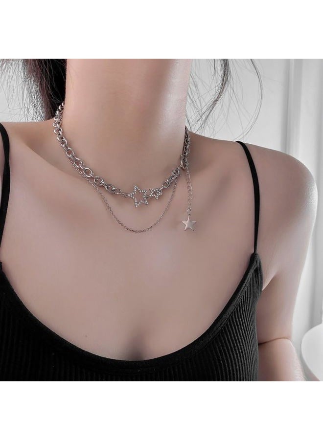 EXPHAIN Double Layered Stacked Chunky Chain Choker Necklace For Women Teens Girls Y2k Star Statement Necklaces Silver Punk Asymmetric Diamond Necklace Jewelry - Image 3