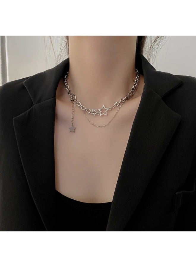 EXPHAIN Double Layered Stacked Chunky Chain Choker Necklace For Women Teens Girls Y2k Star Statement Necklaces Silver Punk Asymmetric Diamond Necklace Jewelry - Image 5