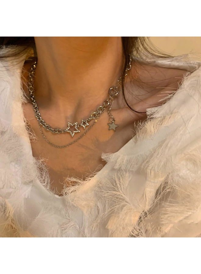 EXPHAIN Double Layered Stacked Chunky Chain Choker Necklace For Women Teens Girls Y2k Star Statement Necklaces Silver Punk Asymmetric Diamond Necklace Jewelry - Image 2