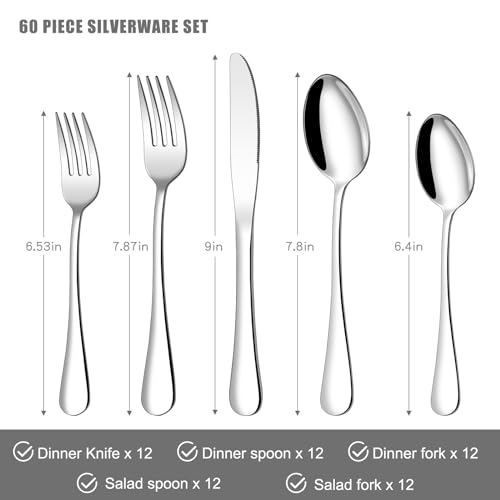 Compralo 60 Piece Silverware Set for 12, Stainless Steel Flatware Set Tableware Set Inculde Forks Knives Spoons, Mirror Polished Cutlery Set for Home Kitchen and Restaurant Party, Dishwasher Safe - Image 2