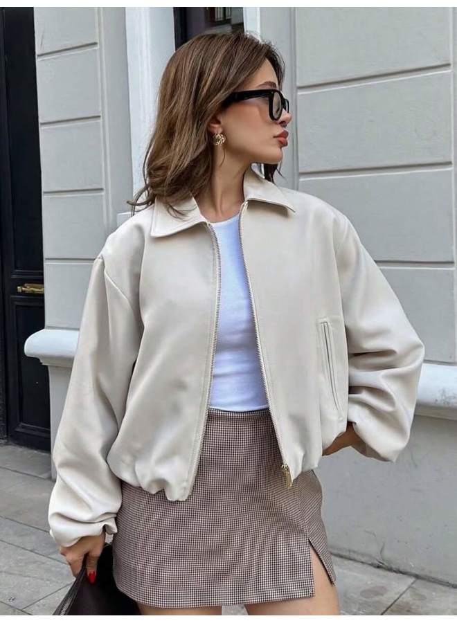 Shein Women's Beige Zip Pocket Jacket - Casual Loose Lapel Outerwear, Suitable For Spring And Autumn - Image 1
