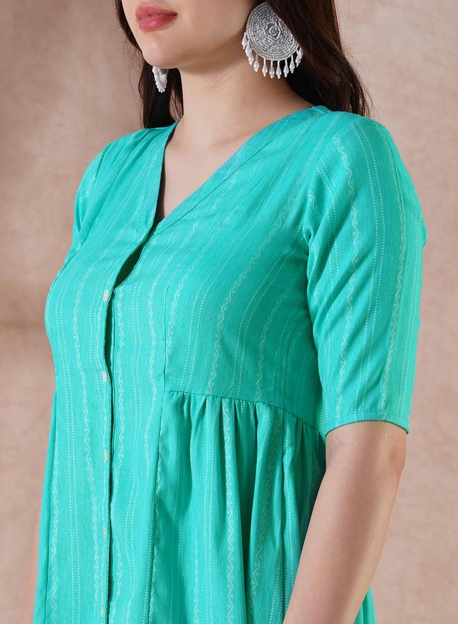 Globus Green Self Design V Neck Mini Dress - Image 4