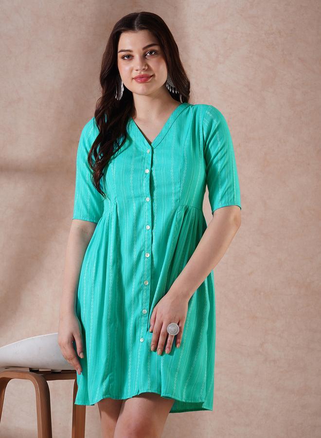 Globus Green Self Design V Neck Mini Dress - Image 1