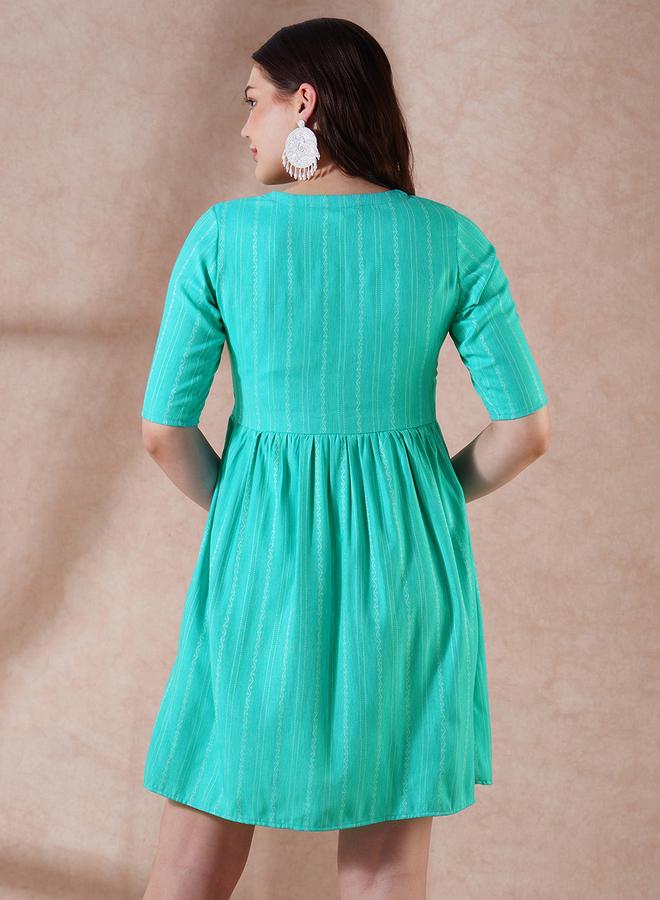 Globus Green Self Design V Neck Mini Dress - Image 3