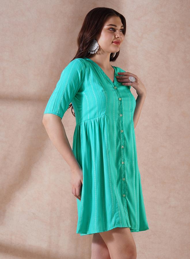 Globus Green Self Design V Neck Mini Dress - Image 2