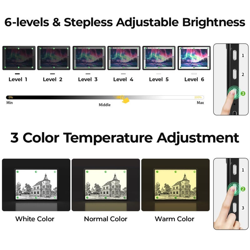 Zocelight Rechargeable A2 Light Pad 25.2" x 18.4",Magnetic Light Board for Diamond Painting,Physical Buttons,US Adapter,3 Colors,Stepless Dimming Light Box for Tracing, Light Table Sketching,Drawing - Image 4