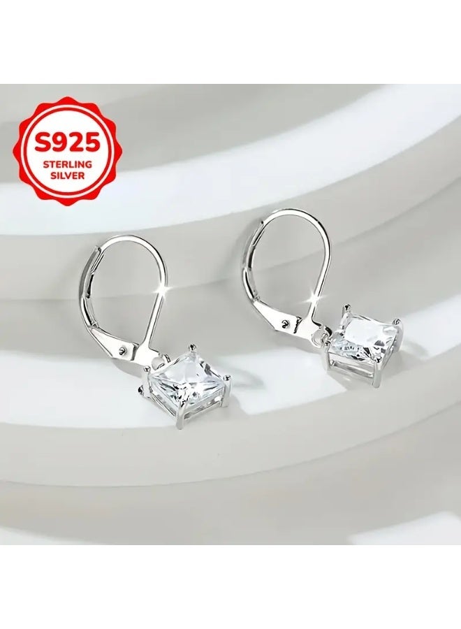 aeen S925 Sterling Silver Square Zircon Stud Earrings – Elegant Everyday Sleeping Earrings, Perfect Gift for Her - Image 1